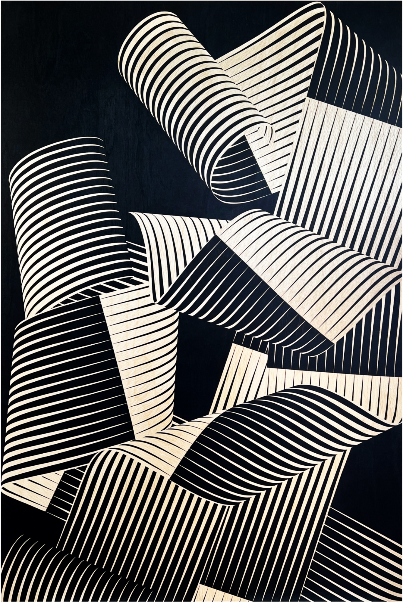 Etreinte #3, Irma Kalt, 2025. Gravure sur contreplaqué de bouleau (encre noire) - 109,5 x 150 cm